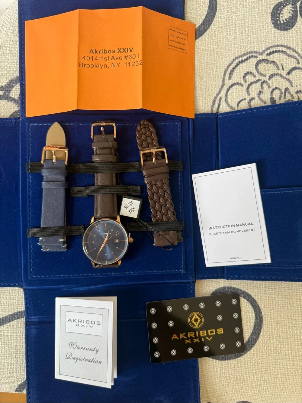 Akribos XXIV AK1104 Men’s Watch Blue Dial Rose Gold Tone 3 Leather Straps New